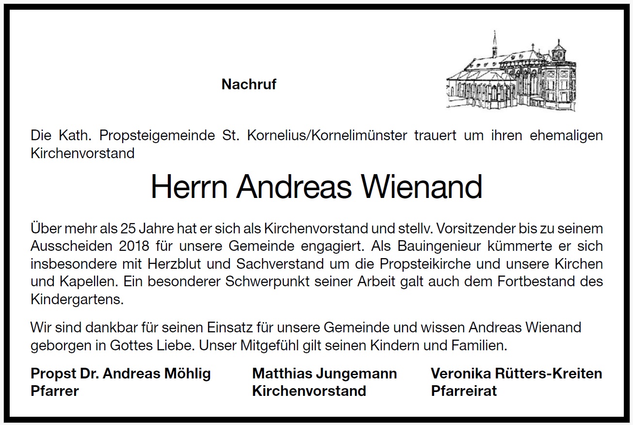 Nachruf Andreas Wienand (c) Kirchenvorstand St. Kornelius